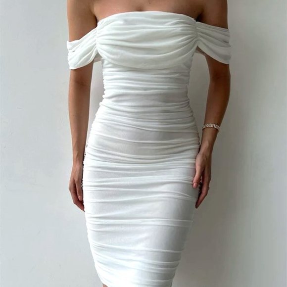White Bodycon Ruched Stretch Dress - Picture 3 of 12